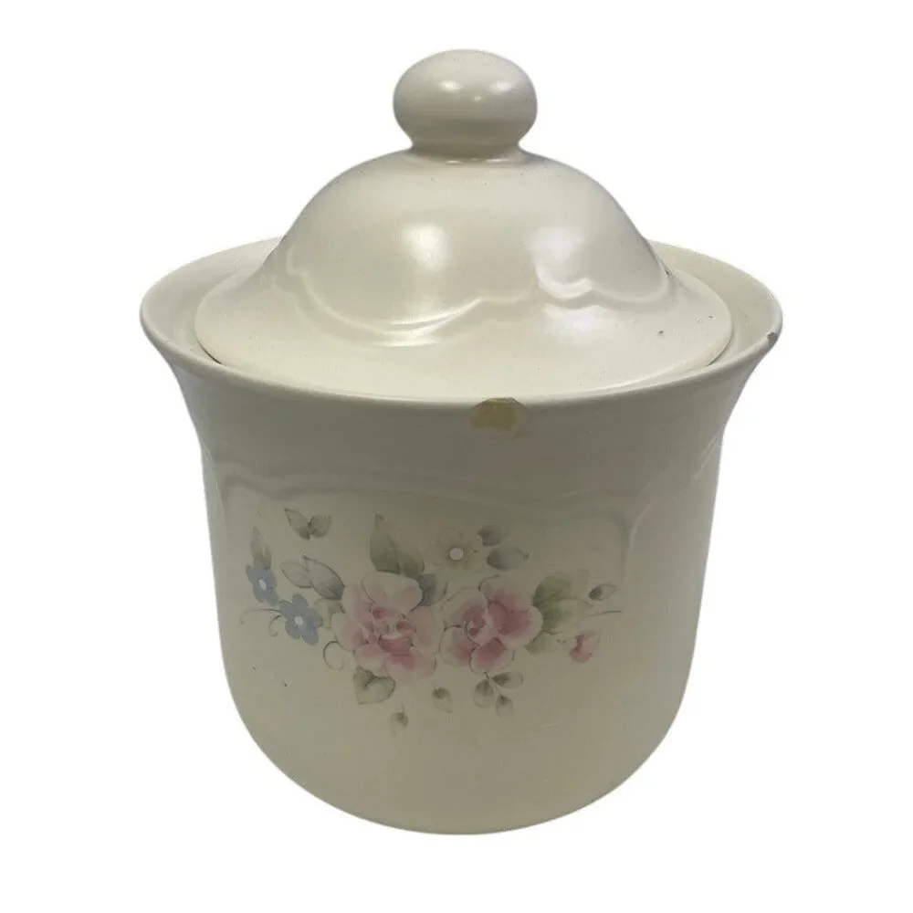 Vintage Pfaltzgraff Ceramic Tea Rose Floral Flour Canister w Chip and Lid